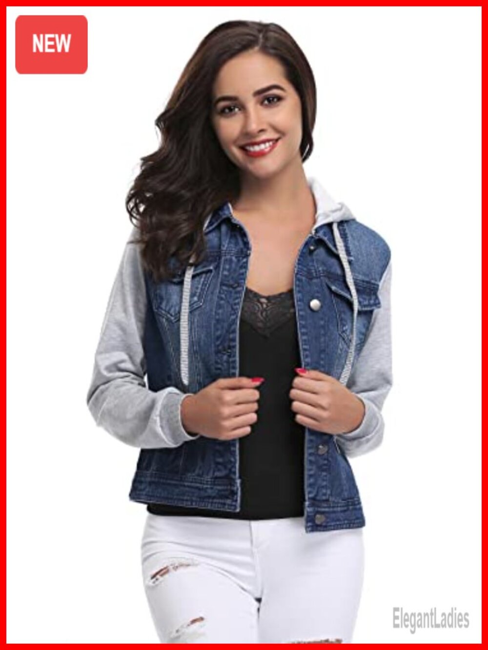 Women's Cotton Denim Jacket with Layered Drawstring Hood, Flap Pockets